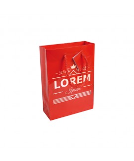 Shopper con soffietto in carta laminata 157 g/m2 con rinforzo alla base, maniglie in cordino e biglietto auguri